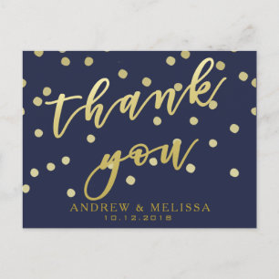 Thank you   Navy & Faux Gold Script Postcard
