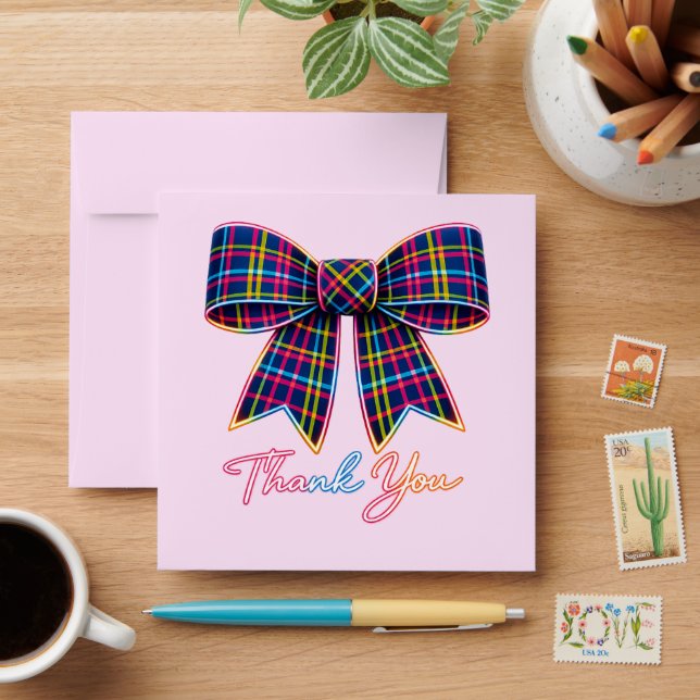 Thank you Neon Tartan Bow Scottish Bright Pattern Envelope (Desk)