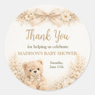 Thank You Neutral Teddy Bear Baby Shower Boho Classic Round Sticker