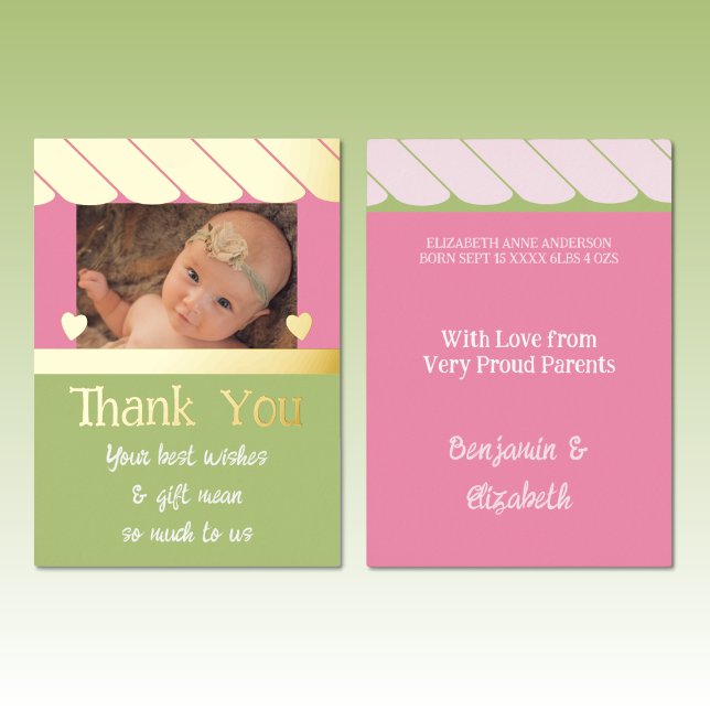 Thank you new baby gifts pink green foil card (Creator Uploaded)