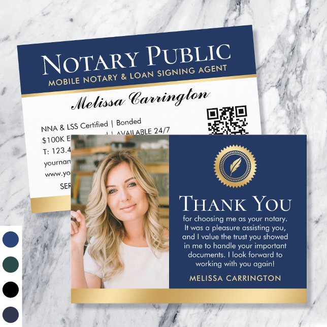 Thank You Notary Public Photo Navy Dark Blue Gold Business Card (Creator Uploaded)