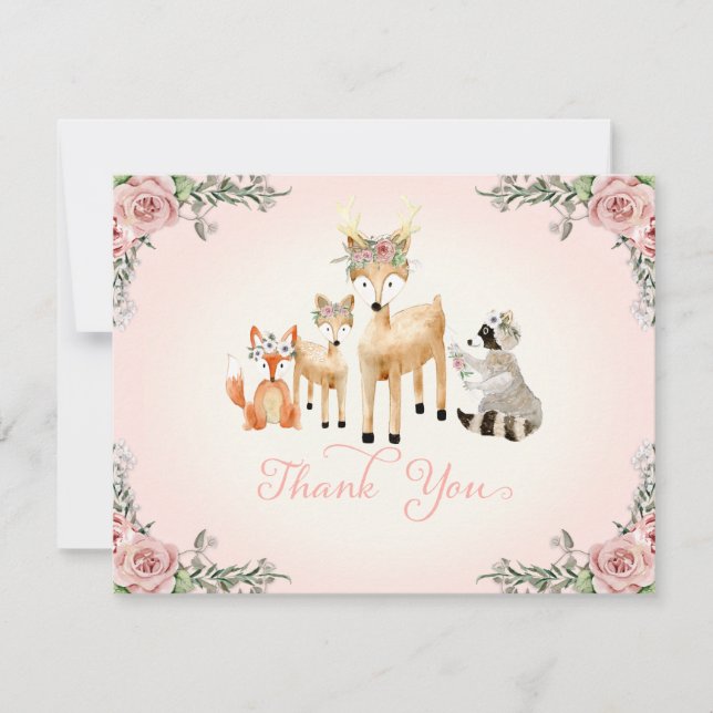Thank You Note Baby Girl Woodland Deer fox Racoon Card (Front)