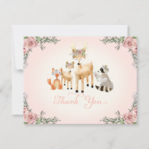 Thank You Note Baby Girl Woodland Deer fox Racoon Card