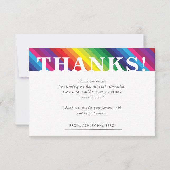 THANK YOU NOTE bright bold colourful rainbow strip RSVP Card (Front)