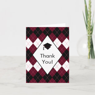 Thank You Note Card Black & Red Argyle Graduation