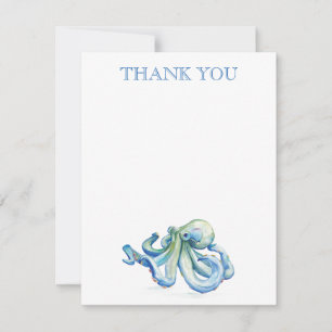 Thank You Note Card Blue Watercolor Octopus