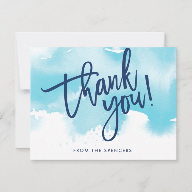 THANK YOU NOTE hand lettered aqua blue watercolor Invitation (Front)