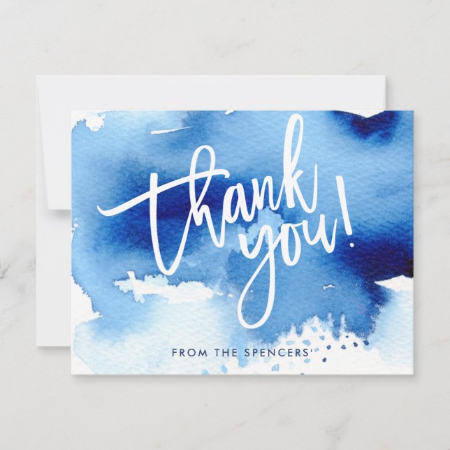 THANK YOU NOTE hand lettered dark blue watercolor Invitation (Front)