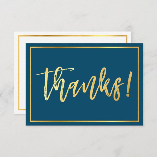 THANK YOU NOTE hand lettered gold script navy blue Invitation (Front/Back)