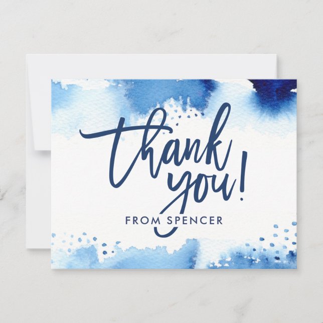 THANK YOU NOTE hand lettered navy blue watercolor Invitation (Front)