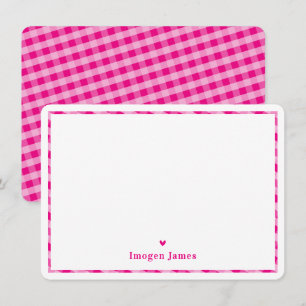 THANK YOU NOTE modern check heart cute hot pink Card