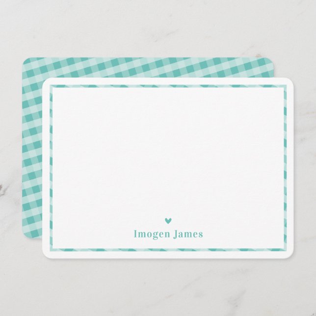 THANK YOU NOTE modern cute check heart mint green (Front/Back)