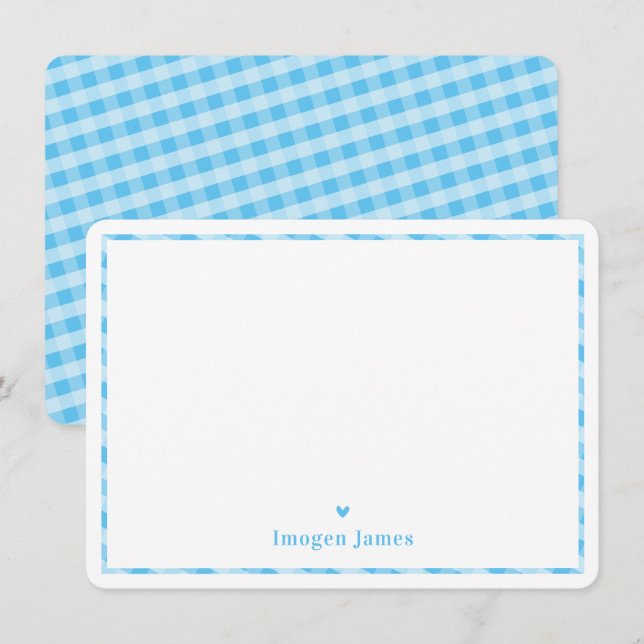 THANK YOU NOTE modern cute check heart pale blue (Front/Back)