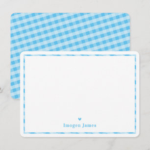 THANK YOU NOTE modern cute check heart pale blue Card