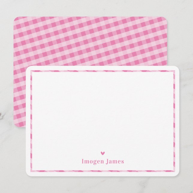 THANK YOU NOTE modern cute check heart pink white (Front/Back)