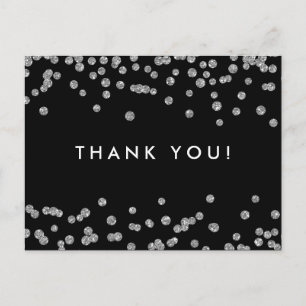 Thank You Note Silver Faux Glitter Confetti Black Postcard