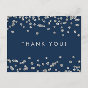 Thank You Note Silver Faux Glitter Confetti Navy Postcard
