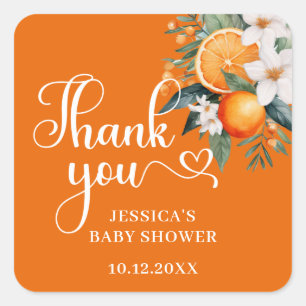 Thank You Orange Baby Shower Favour Classic Round Square Sticker