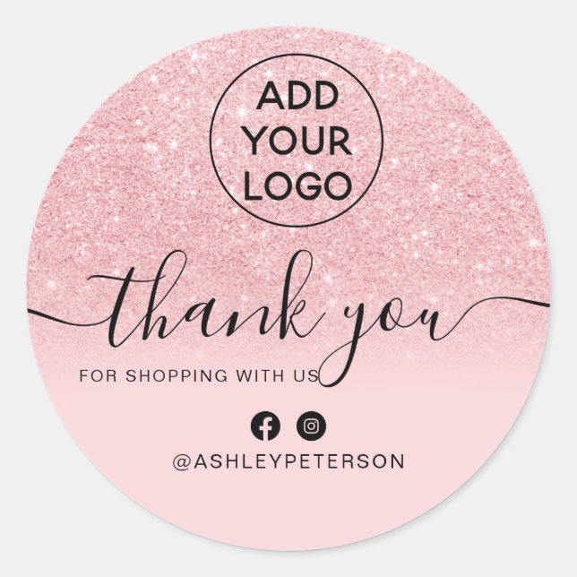 Thank you order chic logo pink glitter ombre classic round sticker (Front)