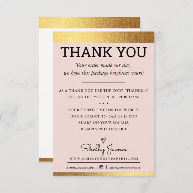 THANK YOU order insert modern gold foil edge pink (Front/Back)