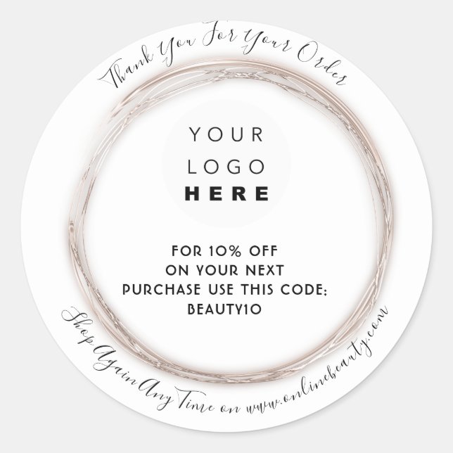 Thank You Order Logo Discount Code Rose White Classic Round Sticker (Front)