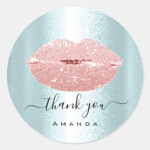 Thank You Order Makeup Kiss Lips Glitter Blue Classic Round Sticker