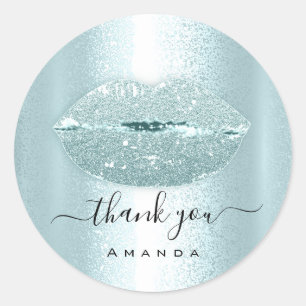 Thank You Order Makeup Kiss Lips Glitter Blue Classic Round Sticker