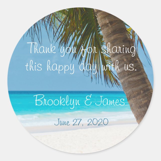 Thank You Palm Trees On Beach Wedding Stickers (Front)