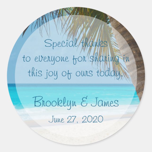 Thank You Palm Trees On Beach Wedding Stickers (Front)