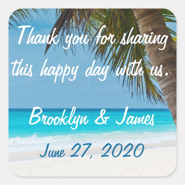 Thank You Palm Trees On Beach Wedding Stickers (Front)