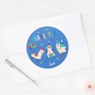 Thank You Party Animals Llama Birthday Boys Blue Classic Round Sticker