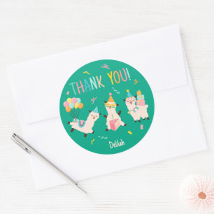 Thank You Party Animals Llama Birthday Girls Green Classic Round Sticker