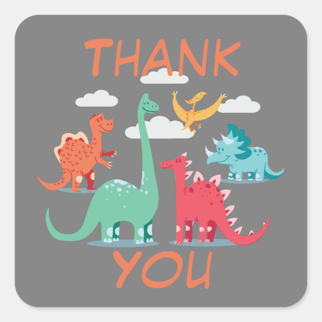 Thank You Party Favour Dinosaur Square Sticker (Front)