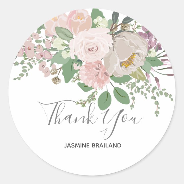 Thank You pastel floral custom Classic Round Sticker (Front)