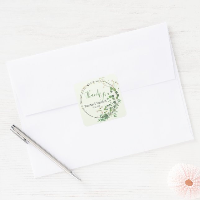 Thank You Pastel Green Greenery Wreath Square Sticker (Envelope)