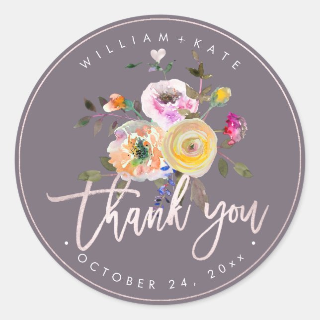 Thank You, Pastel Roses Blush Modern Script Classic Round Sticker (Front)