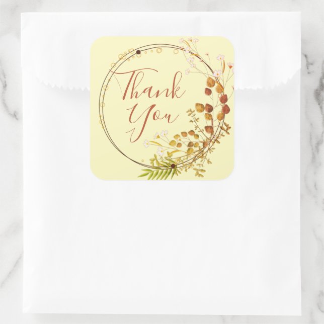 Thank You Pastel Yellow Autumn Floral Wreath Square Sticker (Bag)