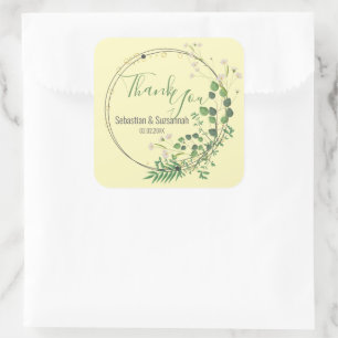 Thank You Pastel Yellow Greenery Wreath Square Sticker
