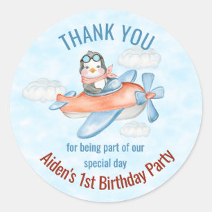 Thank You Penguin Aeroplane Blue Birthday  Classic Round Sticker