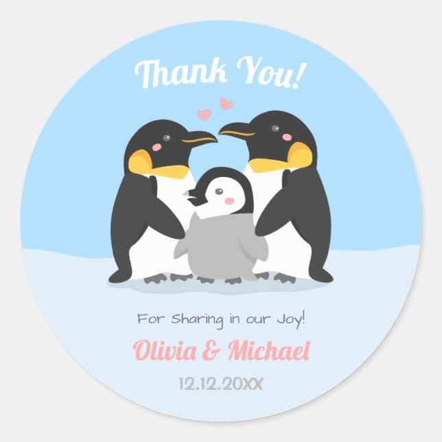 Thank You Penguin Family Baby Shower Decorative Classic Round Sticker (Front)