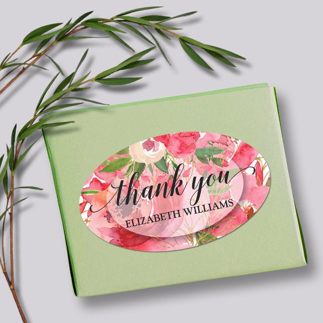 Thank You Peony Flowers Oval Sticker (3" round stickers with your name and Thank You on pink and cream peony flowers)