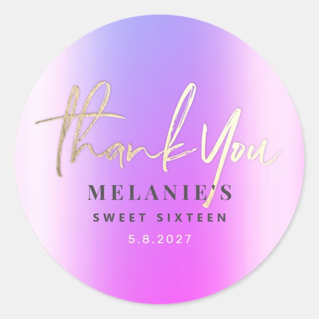 Thank You Personalised 16th Bridal Purple Gold Classic Round Sticker (Front)