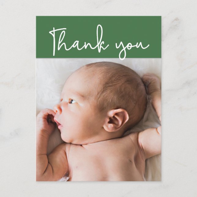 Thank You Personalised Green Modern Baby Boy  Announcement Postcard (Front)
