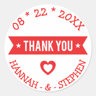 Thank You Personalised Red And White Wedding Classic Round Sticker