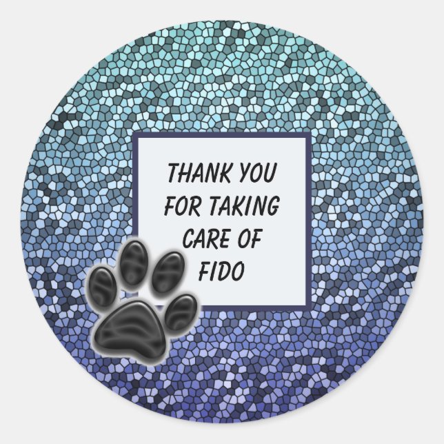 Thank You Pet Sitter Blue Mosaic Paw Print Thanks Classic Round Sticker (Front)