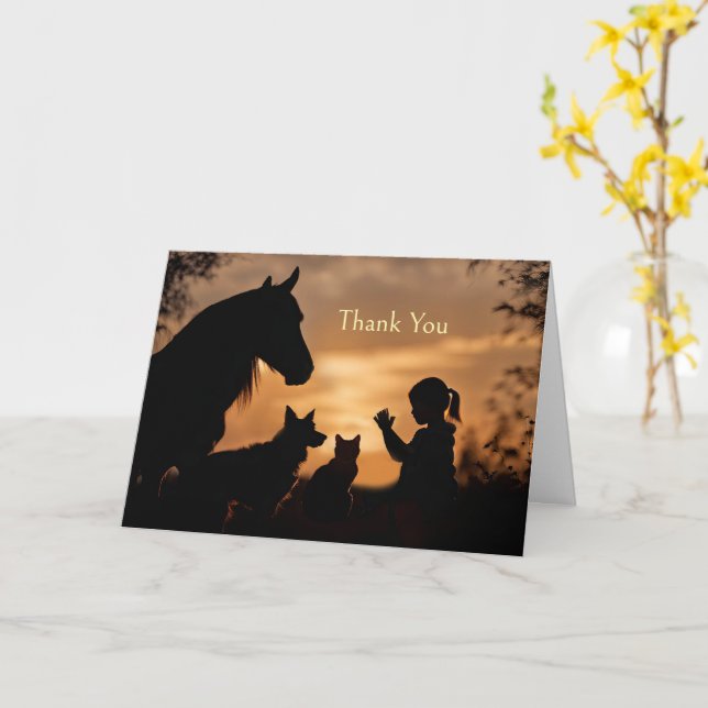 Thank You Pet Sitter Cute with Horse Dog Cat Girl Card (Yellow Flower)