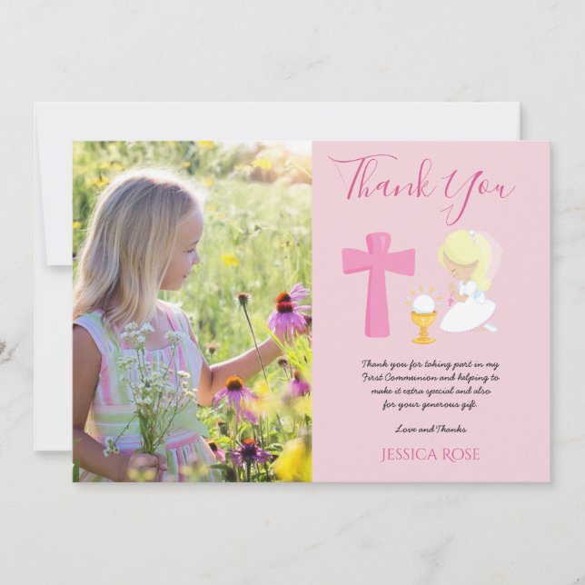 THANK YOU PHOTO 1st Communion - GIRL PINK Blonde Card (Front)