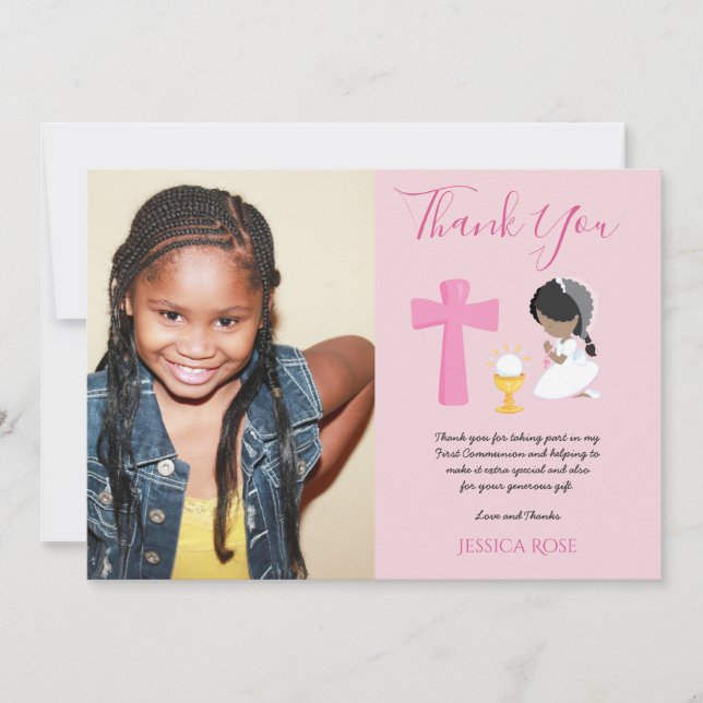THANK YOU PHOTO 1st Communion - GIRL PINK Card (Front)