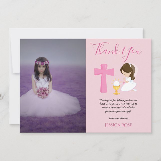 THANK YOU PHOTO 1st Communion - GIRL PINK Card (Front)