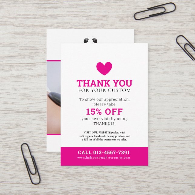 Thank you photo beauty promo pink white business business card (Front/Back In Situ)